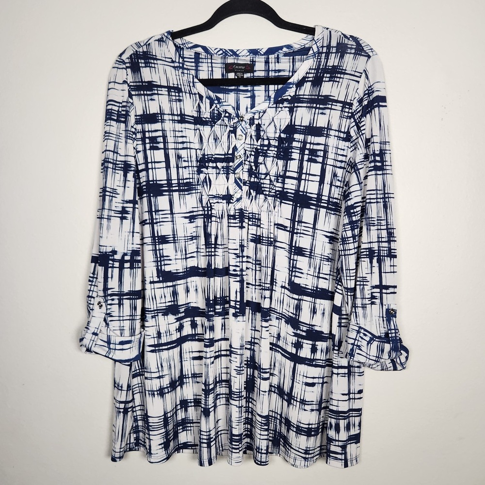 Cocomo Womens 1X Blue Geometric Abstract Popover Top Roll Tab Stretch  Office